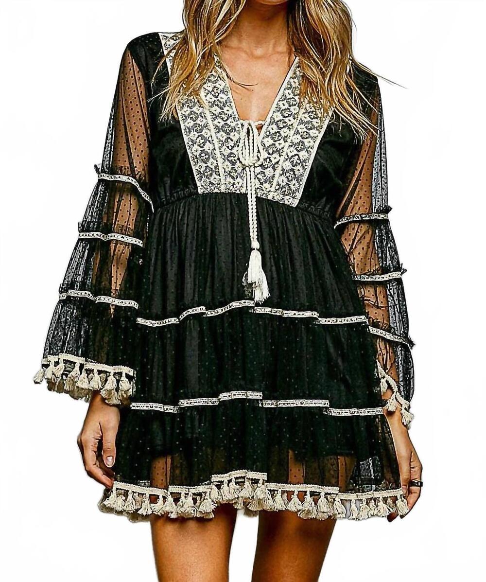 NEW POL split embroidery tassel detail v-neck flared short dress in black